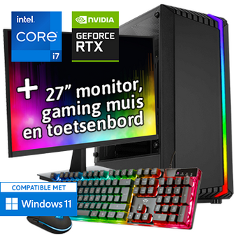 Intel Core i7 met GeForce RTX 5060 (Game PC set inclusief Toetsenbord, Muis en 27 inch Monitor)