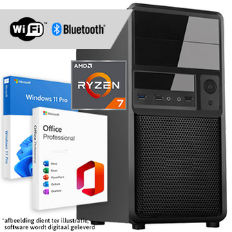 Ryzen 7 compleet met WiFi + Bluetooth + Windows 11 Pro + Office 2024 (Word, Excel, Powerpoint, Outlook)
