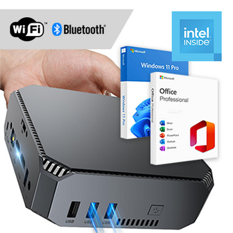 Mini PC compleet met WiFi + Bluetooth + Windows 11 Pro + Office 2024 (Word, Excel, Powerpoint, Outlook)
