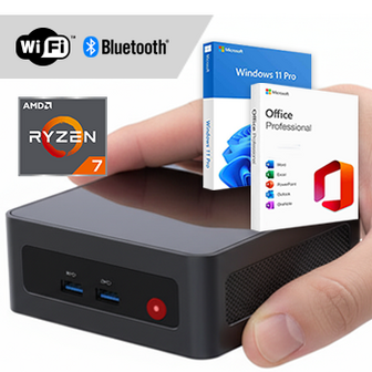 Ryzen 7 Mini PC compleet met WiFi + Bluetooth + Windows 11 Pro + Office 2024 (Word, Excel, Powerpoint, Outlook)