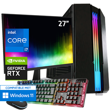 Intel Core i7-F met GeForce RTX 4060 (Game PC set inclusief Toetsenbord, Muis en 27 inch Monitor)