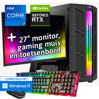 Intel Core i7 met GeForce RTX 5050 (Game PC set inclusief Toetsenbord, Muis en 27 inch Monitor)
