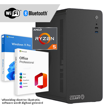 Ryzen 5 compleet met WiFi + Bluetooth + Windows 11 Pro + Office 2024 (Word, Excel, Powerpoint, Outlook)