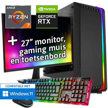 AMD Ryzen 7 met GeForce RTX 5050 (Game PC set inclusief Toetsenbord, Muis en 27 inch Monitor)