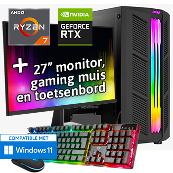 AMD Ryzen 7 met GeForce RTX 5050 (Game PC set inclusief Toetsenbord, Muis en 27 inch Monitor)