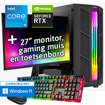 Intel Core i5 met GeForce RTX 3050 (Game PC set inclusief Toetsenbord, Muis en 27 inch Monitor)